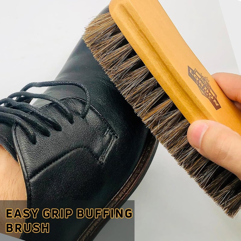London Shine 4 Pcs Horsehair Shine Shoes Brush Kit Dauber Applicator for Cleaning Leather Shoes Boots Suede Cleaner Brush Buffing Brush with Microfiber Shoe Cleaning Cloth Premium Shoe Polish Kit. - Image 4